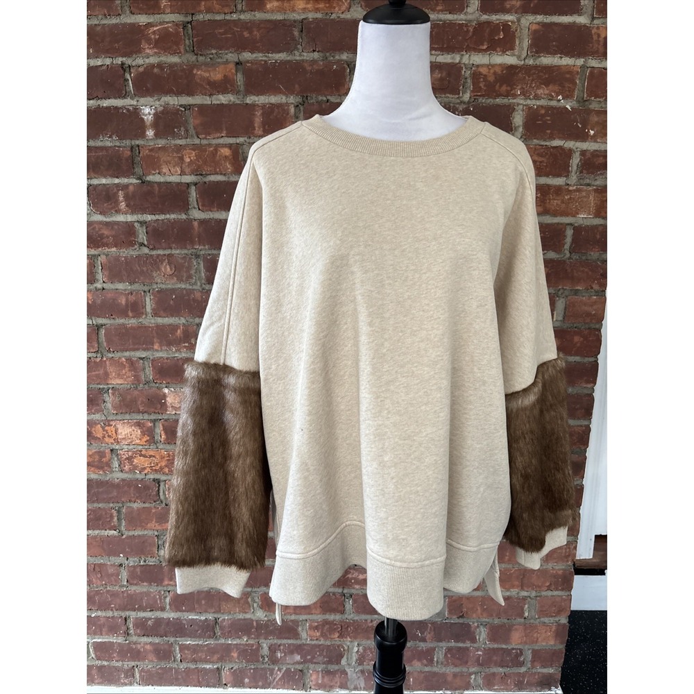 Elie Tahari Chantae Knit Sweater XL Western Y2K Faux Fur Sleeve Cuffs Beige